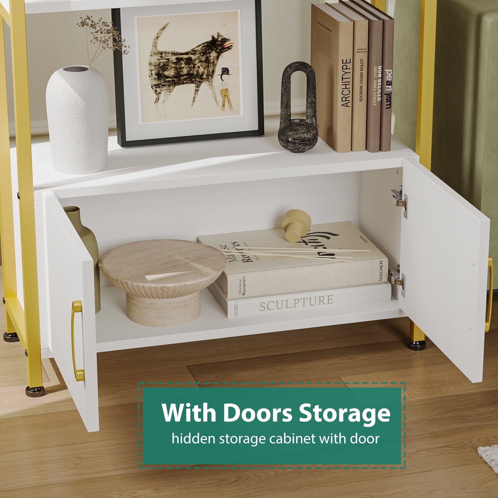Towallmark 4-Tier Gold Bookshelf with Doors StorageBook Shelf, 71.5“ Tall Arched Book Shelf with Studry Metal Frame and Quality Board for Bedroom Living Room