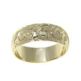 thumbnail image 3 of 14K yellow gold hand engraved Hawaiian plumeria scroll ring diamond cut edge 8mm size 4.5, 3 of 5