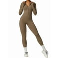 thumbnail image 2 of Women Long Sleeve Workout Jumpsuit Zip Up Romper Bottom Pants Bodysuit Bodycon Camel Brown M, 2 of 9