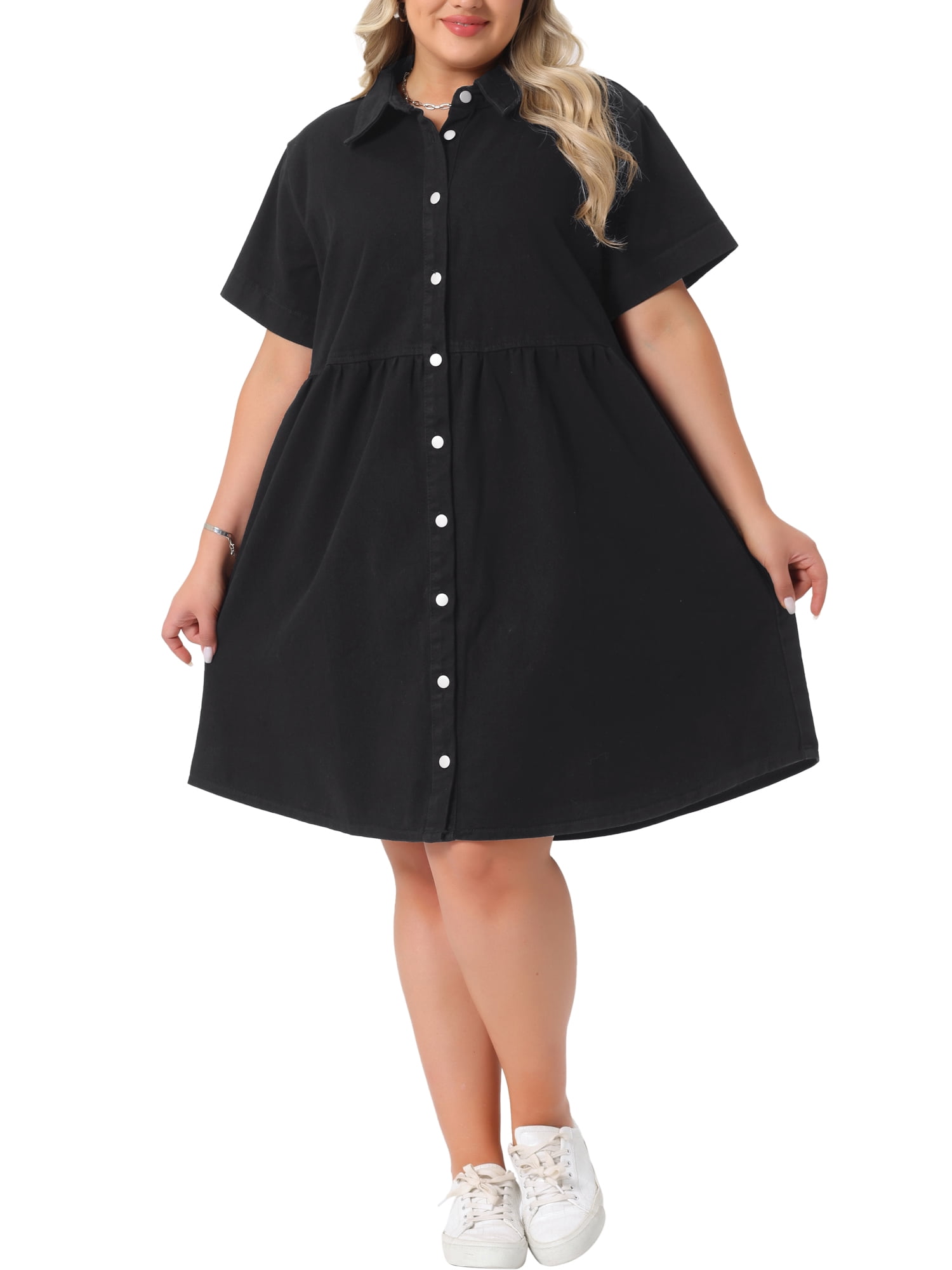DARING DIVA Women's Plus Size Casual Denim Babydoll Pockets Dress 4X Black