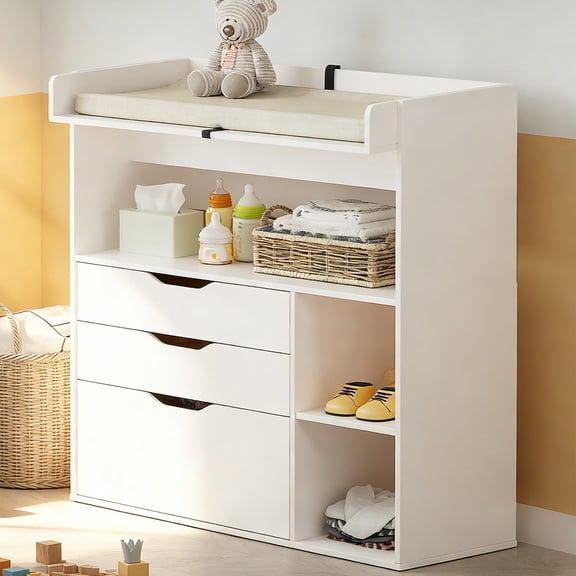 Cuoote 3 Drawer Diaper Changing Table Dresser, White