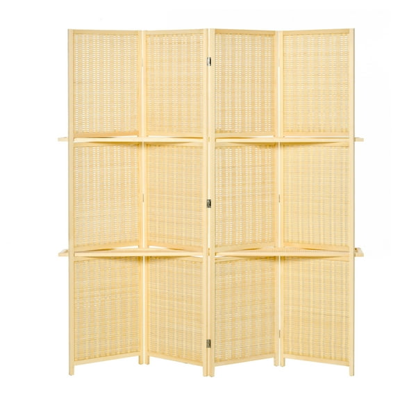 HOMCOM 6Ft Bamboo Room Divider, 4 Panel Folding Privacy Screen with Shelves Natural Bamboo
