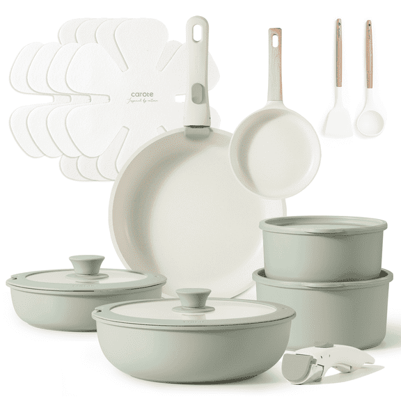 CAROTE 18-Piece Nonstick Pots and Pans, Cookware Set with Kitchen Utensils,Easy Cleaning Kitchen Tools , Green