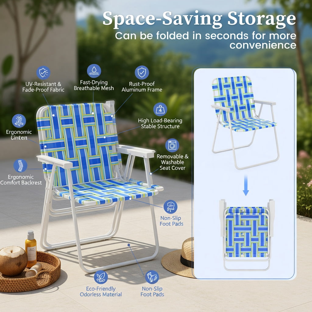 Hommoo 4-Pack Foldable Beach Chairs for Camping, Lawn & Outdoor Use, Heavy-Duty Steel Frame, Fade-Resistant PE Webbing, Portable & Lightweight, Blue
