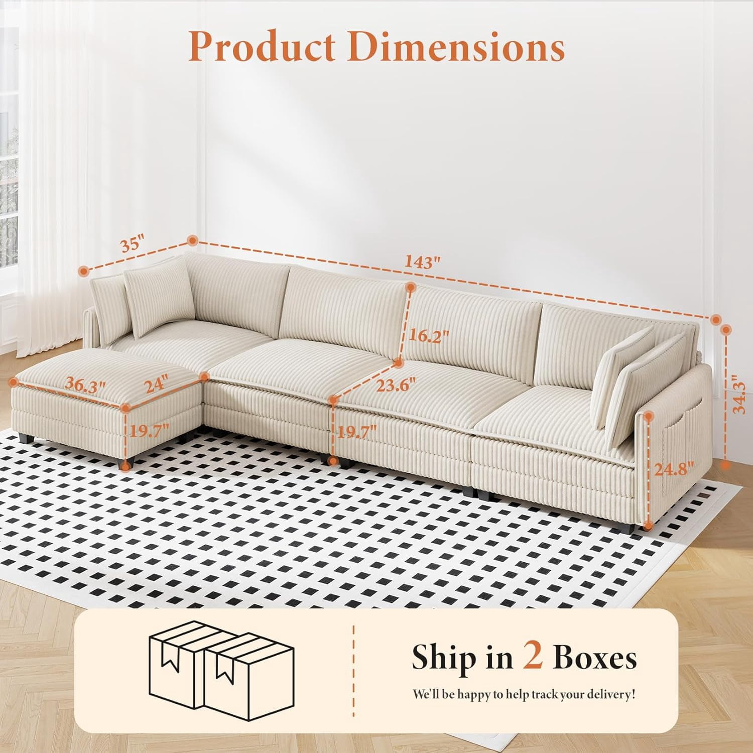 Neche 143" L Shaped Modular Sectional Sofa, Comfy Corduroy Upholstered Modular Sectional Couches for Living Room, Modern Cloud Couch with Ottoman Deep Seat, Beige