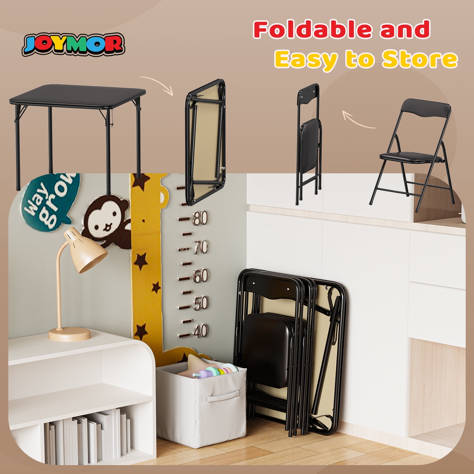 Matladin 3-Piece Kids Folding Table and Chairs Set, Metal Frame Children's Activity Set with Easy-Fold Design, Kids Table with 4 Chairs
