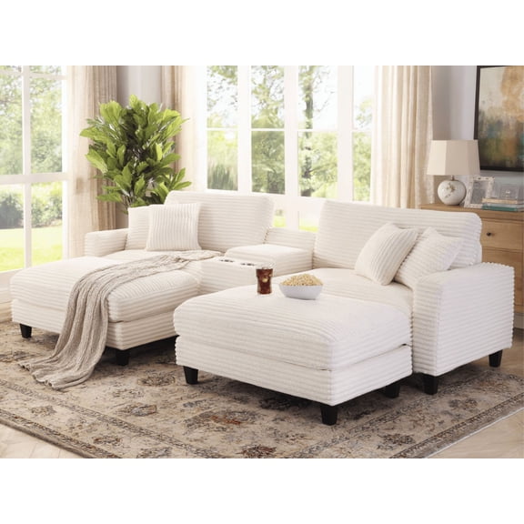 Ebello Oversized Modular Sofa Set, Loveseat with Ottomans & Center Console with Cup Holders – Corduroy Overstuffed Fabric Sofa Bed for Living Room,Easy Assembly(White)