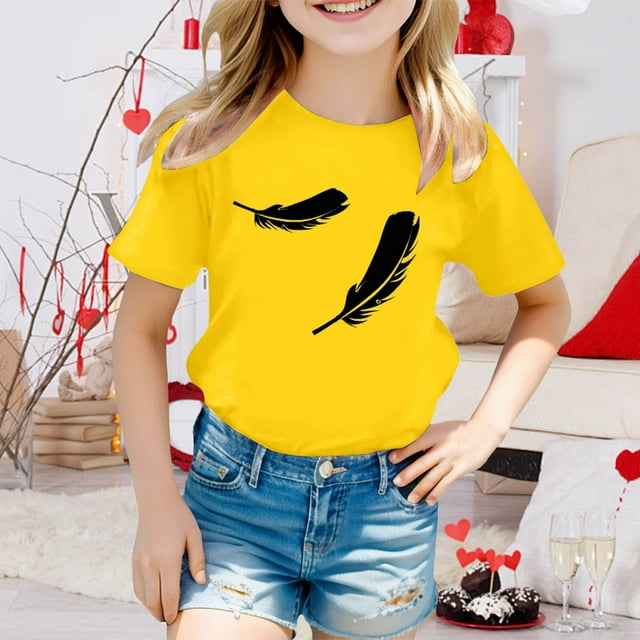 Hauts d'Été pour Filles - T-Shirts à Col Rond Confortables avec Jolis Imprimés pour Activités Extérieures - Respirants et Extensibles pour Enfants 3-13