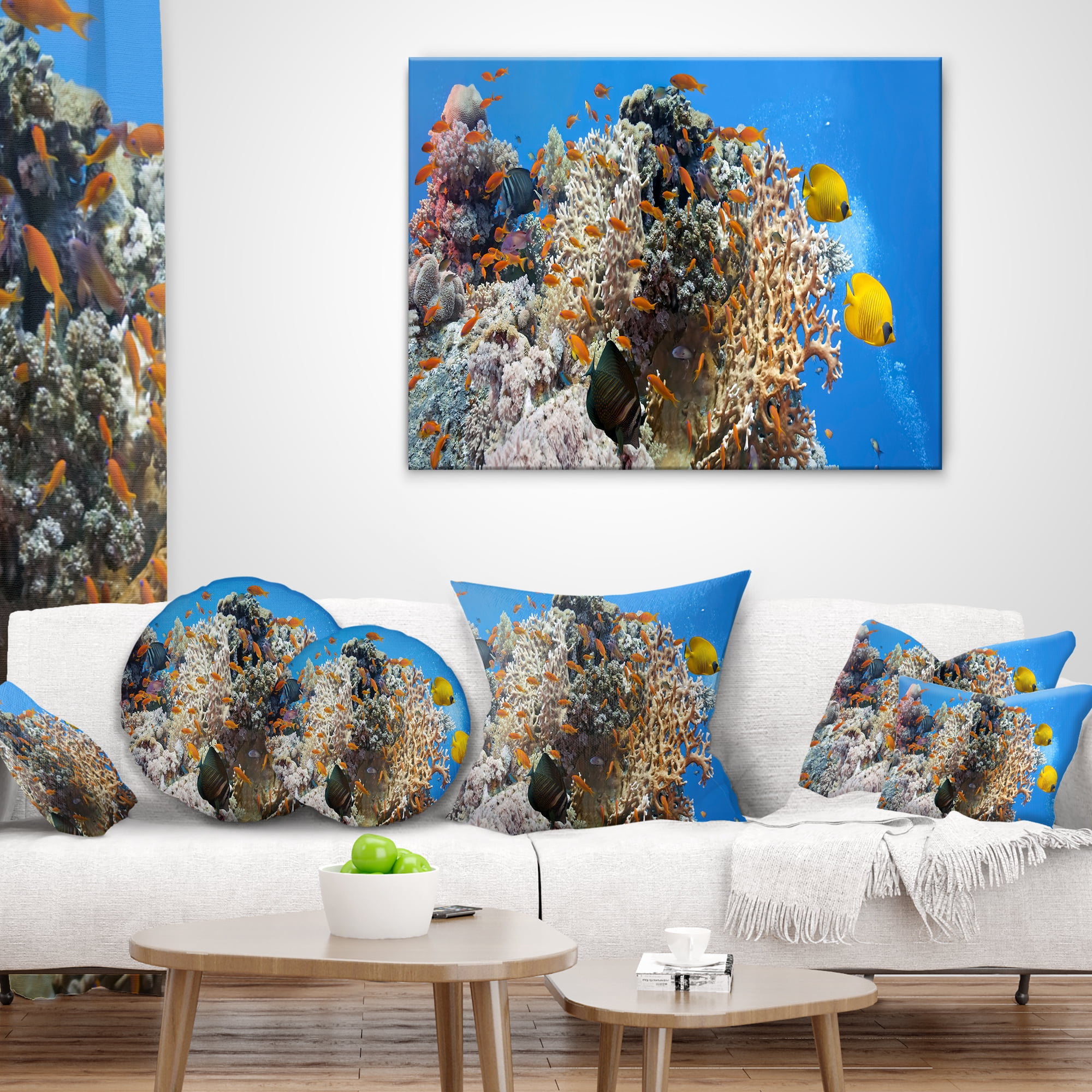 Designart Coral Scene Panorama - Photography Throw Pillow - 18x18
