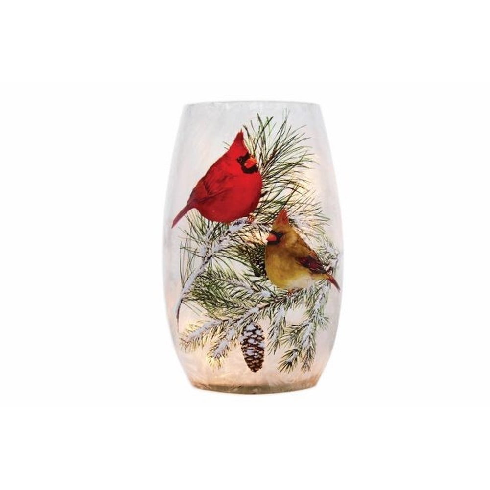 Stony Creek Frosted Glass 7" Lighted Vase Christmas Cardinals