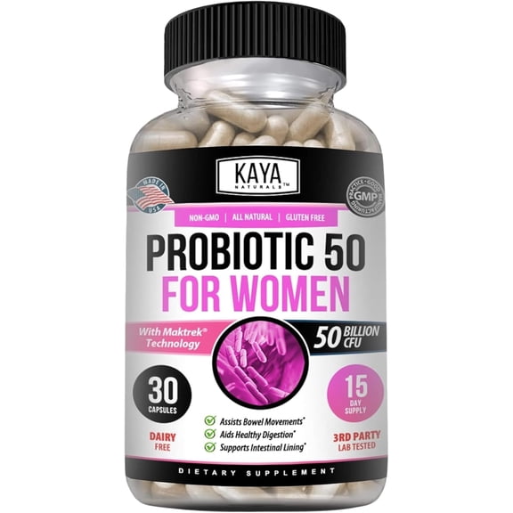 Kaya Naturals Probiotic 50 Billion CFU for Women & Men, Gut & Digestive Support Supplement, 30 Veggie Capsules