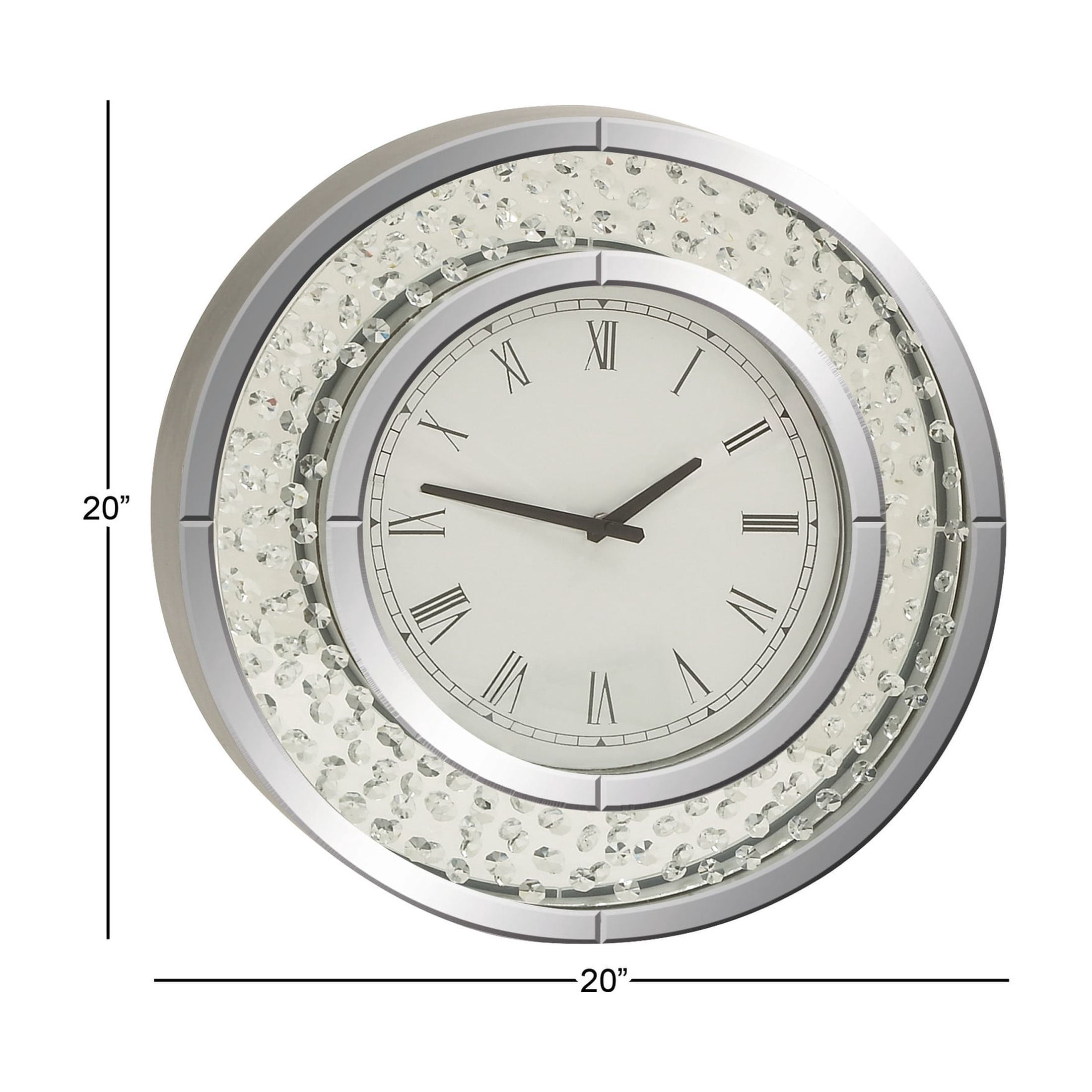 DecMode 20" Silver Glass Beveled Mirrored Wall Clock with Floating Crystals