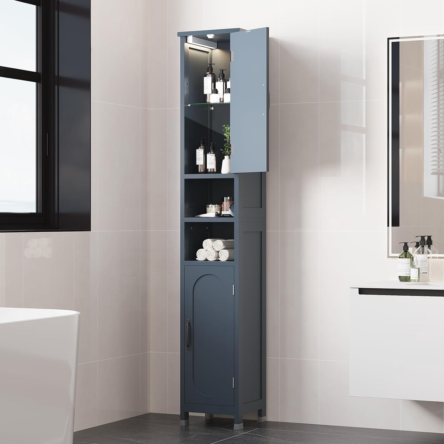 67" Tall Bathroom Storage Cabinet with Lights, Slim Narrow Bathroom Cabinet Organizer with Doors and Adjustable Shelves, Tall Cabinet for Small Space, Living Room, Kitchen, Blue