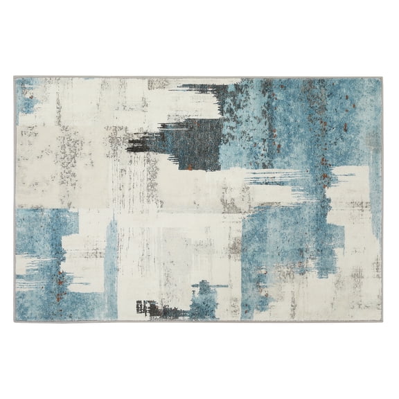 ExpanseEcho Blue Beige Modern Abstract Washable Area Rug Soft Low Pile 2x3 ft