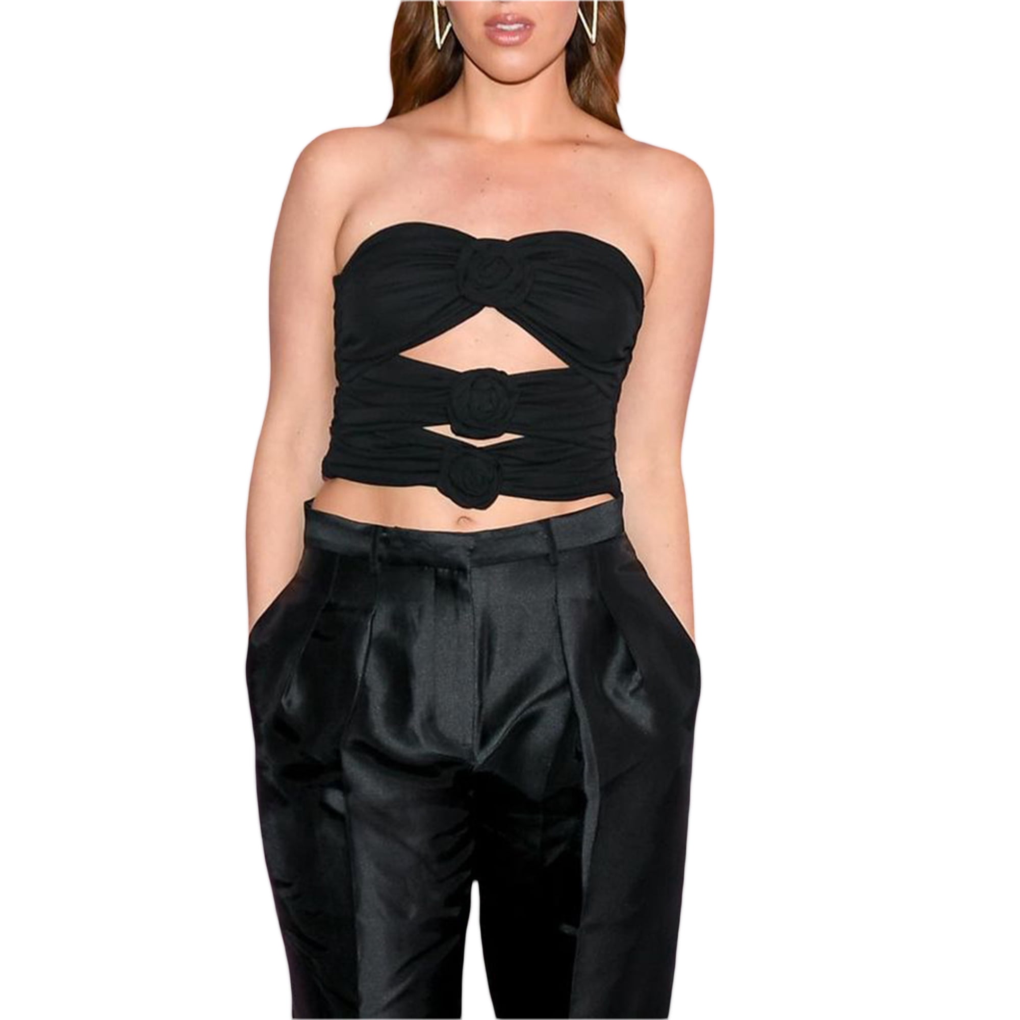 Honganda Women 3D Flower Tube Tops Cutout Strapless Tank Tops Summer Backless Bandeau Shirts Streetwear