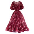 thumbnail image 4 of YM YOUMU Women Summer Floral Print V Neck Short Puff Sleeves Pleated Dress A Line Ruffle Hem Holiday Dress with Belt, 4 of 5