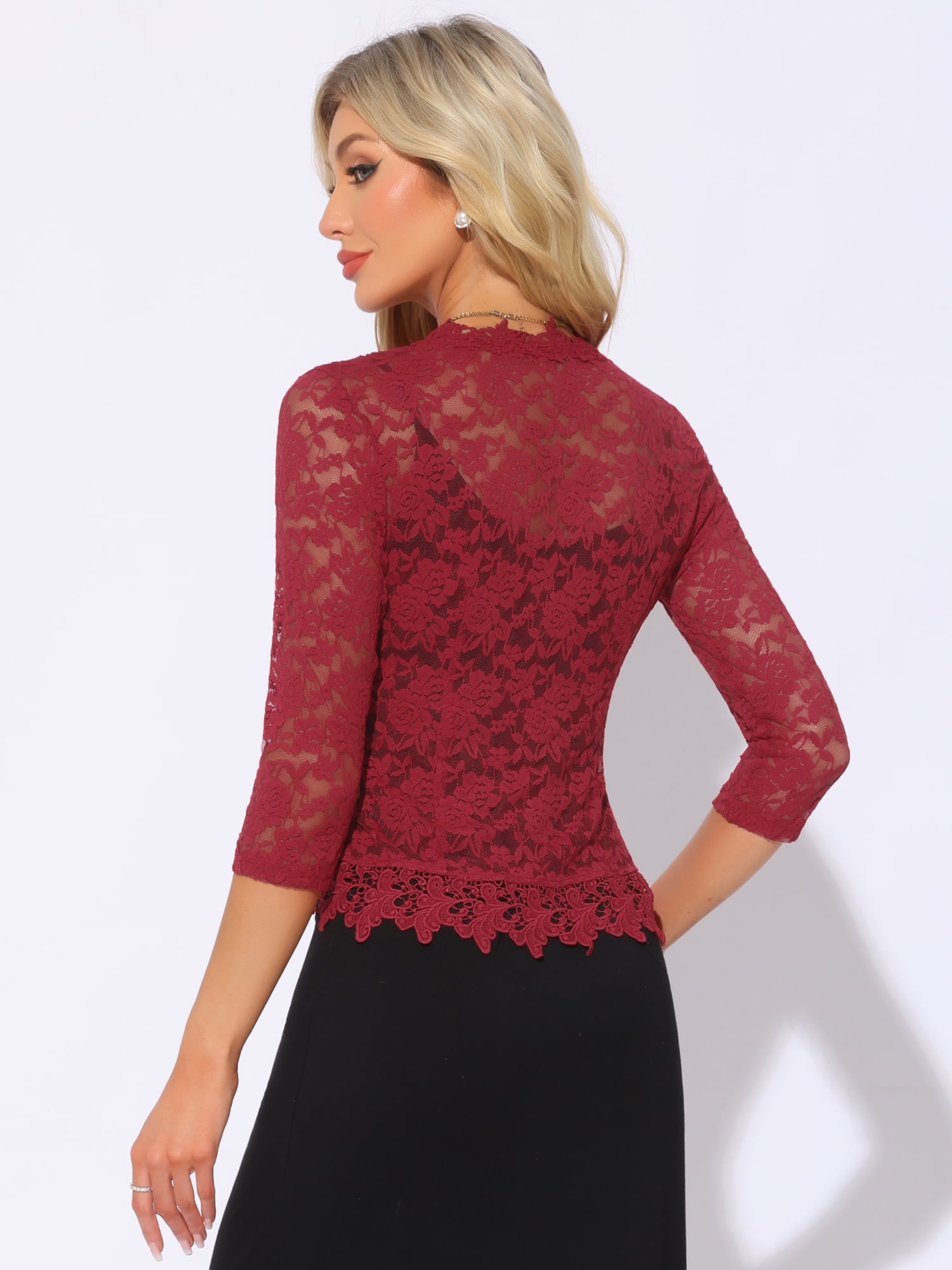 DARING DIVA Women's Floral Lace Shrugs Evening 3/4 Sleeves Formal Bolero Cardigan XL Dark Red