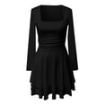 thumbnail image 3 of Women's Fashion Long Sleeve,Women's Square Neck Pleated Hem Dress Solid Color Waist Cinched Long Sleeved Dress Black, 3 of 4