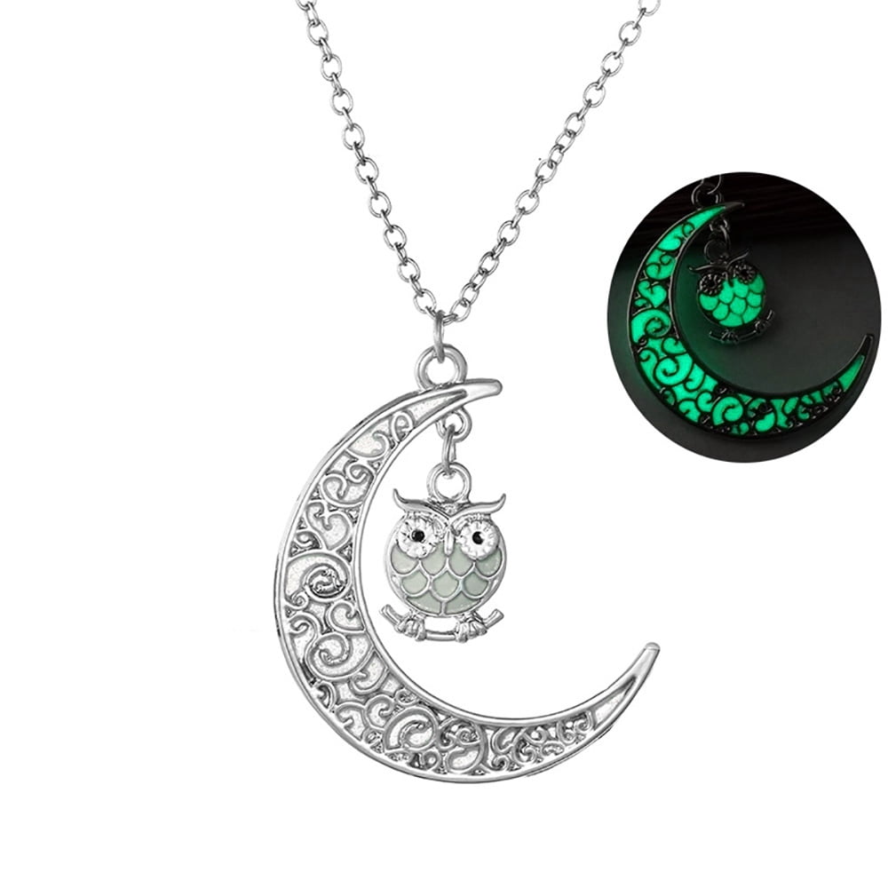 Owl Glow In Dark Pendant Chain Necklace for Women Green or Blue Ginger Lyne Collection