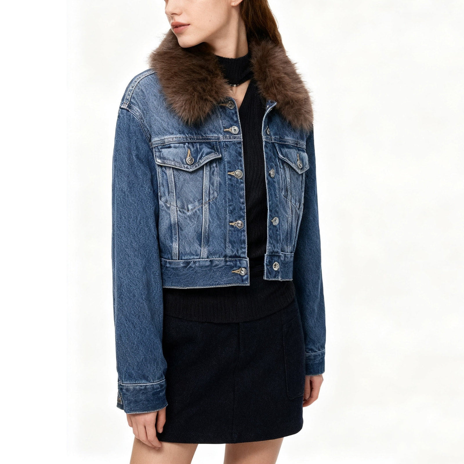 Oksale Cropped Jean Jacket for Women Faux Fur Collar Button Denim Jacket with Pockets Loose Long Sleeve Outerwear Streetwear Fashion Clothing Blue L
