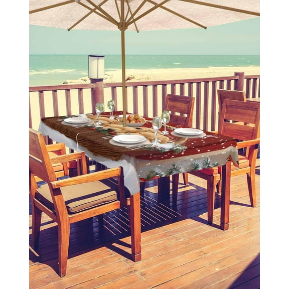 Christmas Tablecloth with Umbrella Hole and Zipper Christmas Dogs in The Basket Outdoor Tablecloths 60x84 Table Cloths Holly Berry Red Door Patio Table Cloth Cover for Holiday Party Yard Garden Cafe
