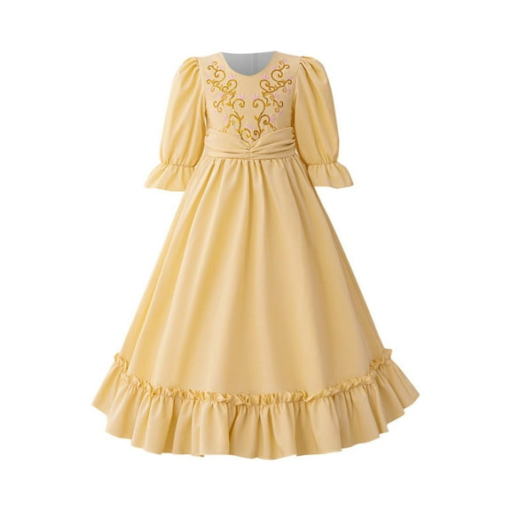 ZACPNCV Girls Medieval Princess Maxi Dress Renaissance Long Bell Sleeve Vintage Retro Ball Gowns Yellow 6-7 Years