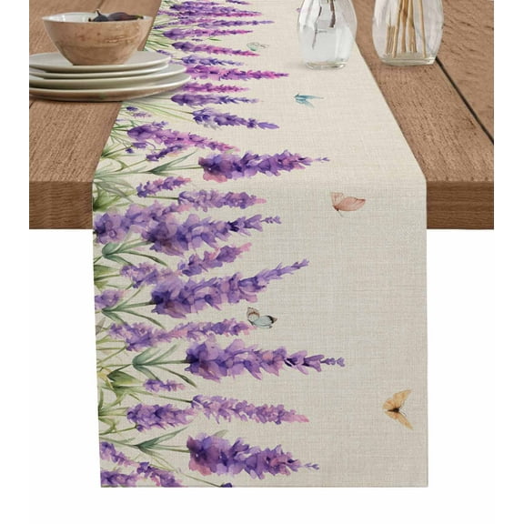 Table Runner Dresser Scarves 60 Inch Long,Watercolor Purple Lavender Butterfly Linen Dining Table Runners Garden Flower on Burlap Linen Tabletop Scarf for Wedding Holiday Party Kitchen
