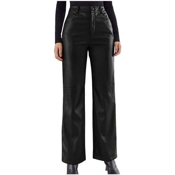 Women Leather Pants High Waist Straight Leg Trousers with Pockets Wide Leg Casual Slim Fit Comfortable Stretchy