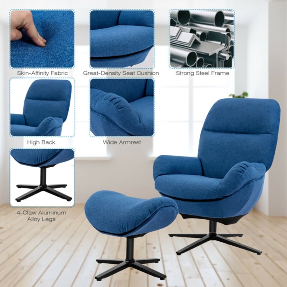 Finihen Leather Soft Upholstered Recliner with Ottoman Footrest, 360° Swivel Leather Lounge Chair with Ottoman and Thick Footstool, for Living Room, Bedroom, Blue Finihen Leather Soft Upholstered Recliner with Ottoman Footrest, 360° Swivel Leather Lounge Chair with Ottoman and Thick Footstool, for Living Room, Bedroom, Blue