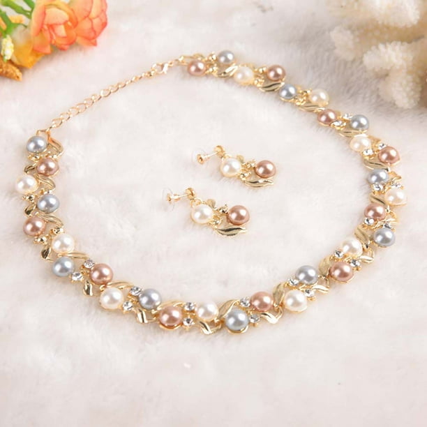 Conjunto de aretes y collar de perlas de imitación para mujer Conjunto de joyería nupcial con diamantes de imitación (oro)