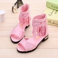 thumbnail image 4 of Girls Gladiator Sandals Open Toe Chunky Low Heel Fringe Ankle Strap Back Zipper Kids Summer Dress Shoes Pink 2.5 Big Kid, 4 of 6
