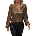 thumbnail image 2 of Viikei Womens Long Sleeve Shirts,Blouses for Women Clearance,Women's Bright V-neck Lantern Solid Color Long Sleeve Women's Top Long Sleeve V-neck Top/shirt Gold XL, 2 of 8