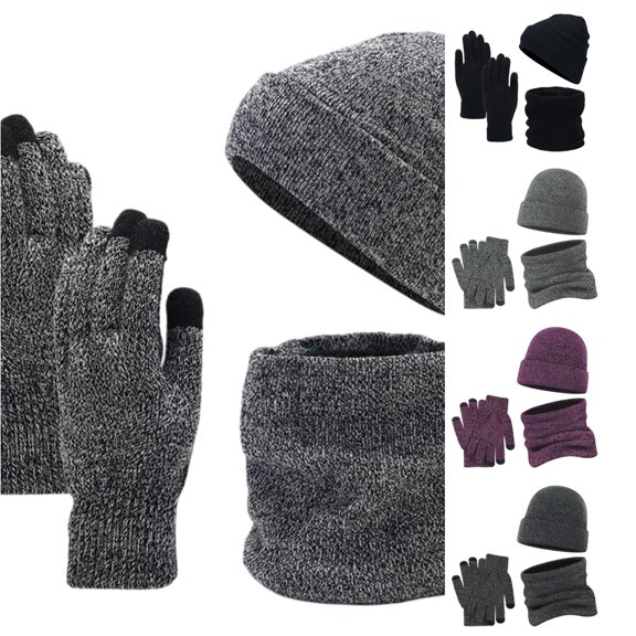 HNMKIU Women's Autumn Winter Wool Thickened Knitted Scarf Hat Three Piece Set Light Gray - One Size