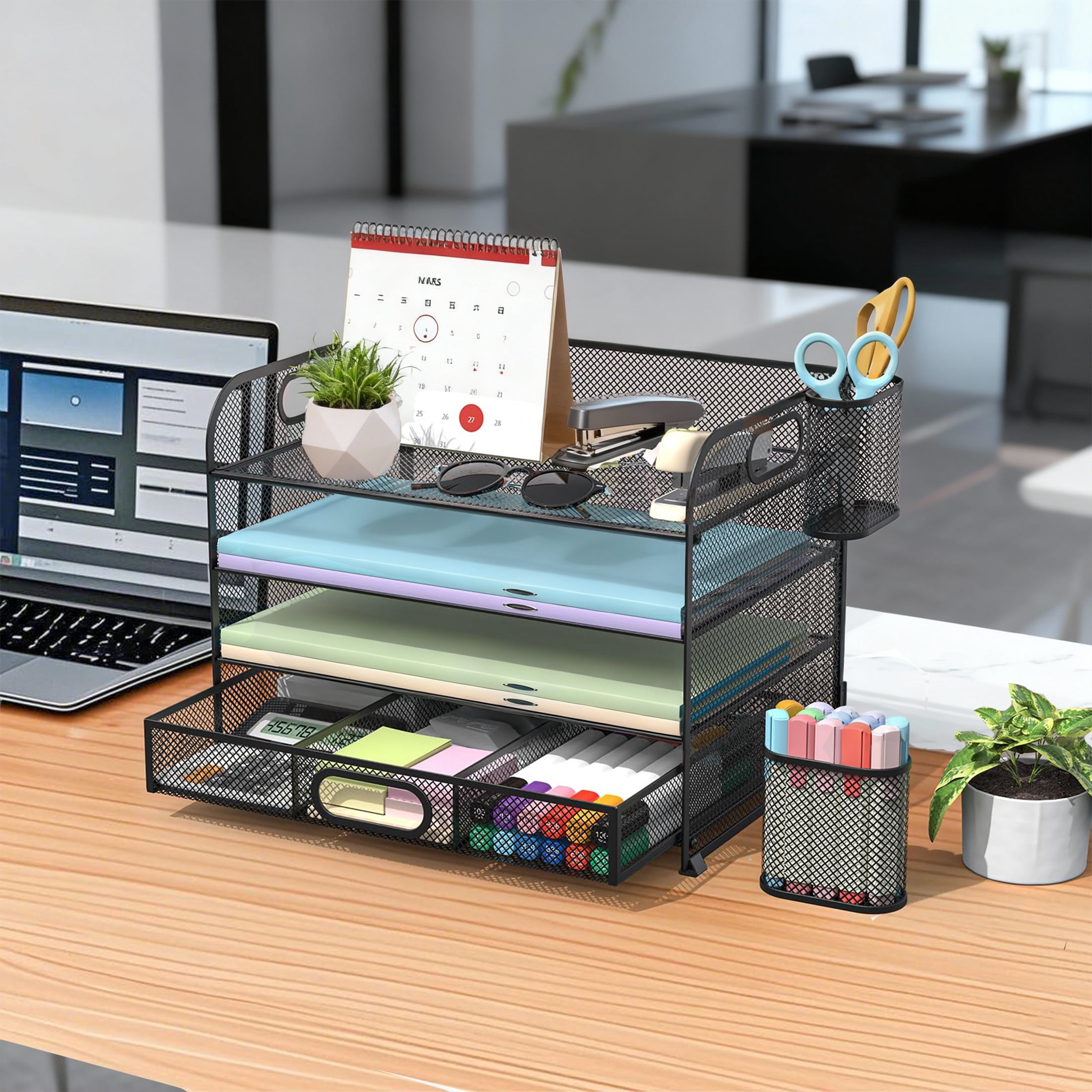 cisilov Desk Organizer, 4-Tier Paper Letter File Organizers with 2 Pen Holder, Mesh Desktop Organizer for Office Organization and Storage, Black