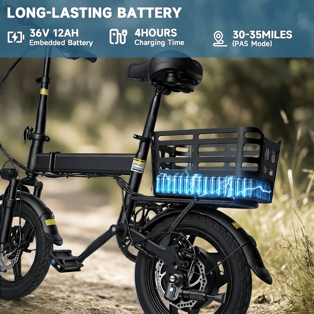 14 Inch Folding Electric Bike, 500W Peak Motor 432Wh Hidden Anti-Theft Battery, 20MPH Speed 35 Miles Range, Adult Mini Ebike with Rear Basket for Commuting Shopping UL2849