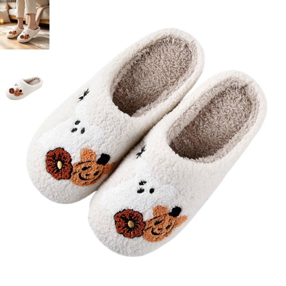 YOUYEDIAN Slippers for Women Cute Halloween Print Fuzzy Comfy Warm Flat Slippers Fashion Close Toe Slip On Indoor Casual Shoes