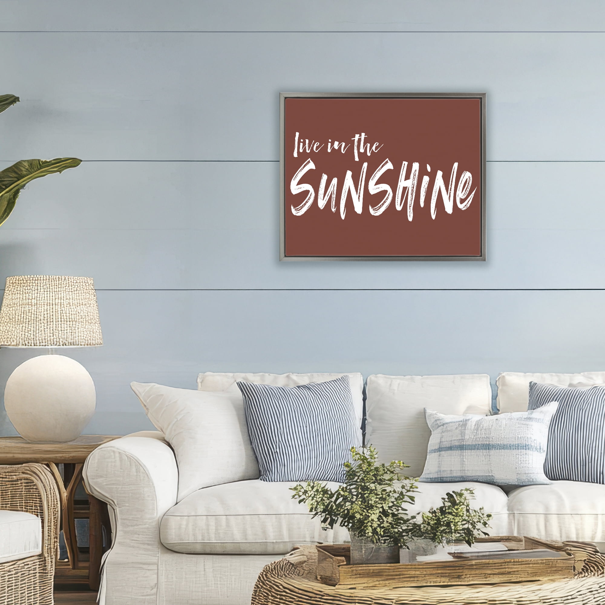 Live In The Sunshine Brown Gray Framed Floater Canvas Wall Art, design by Lettered and Lined