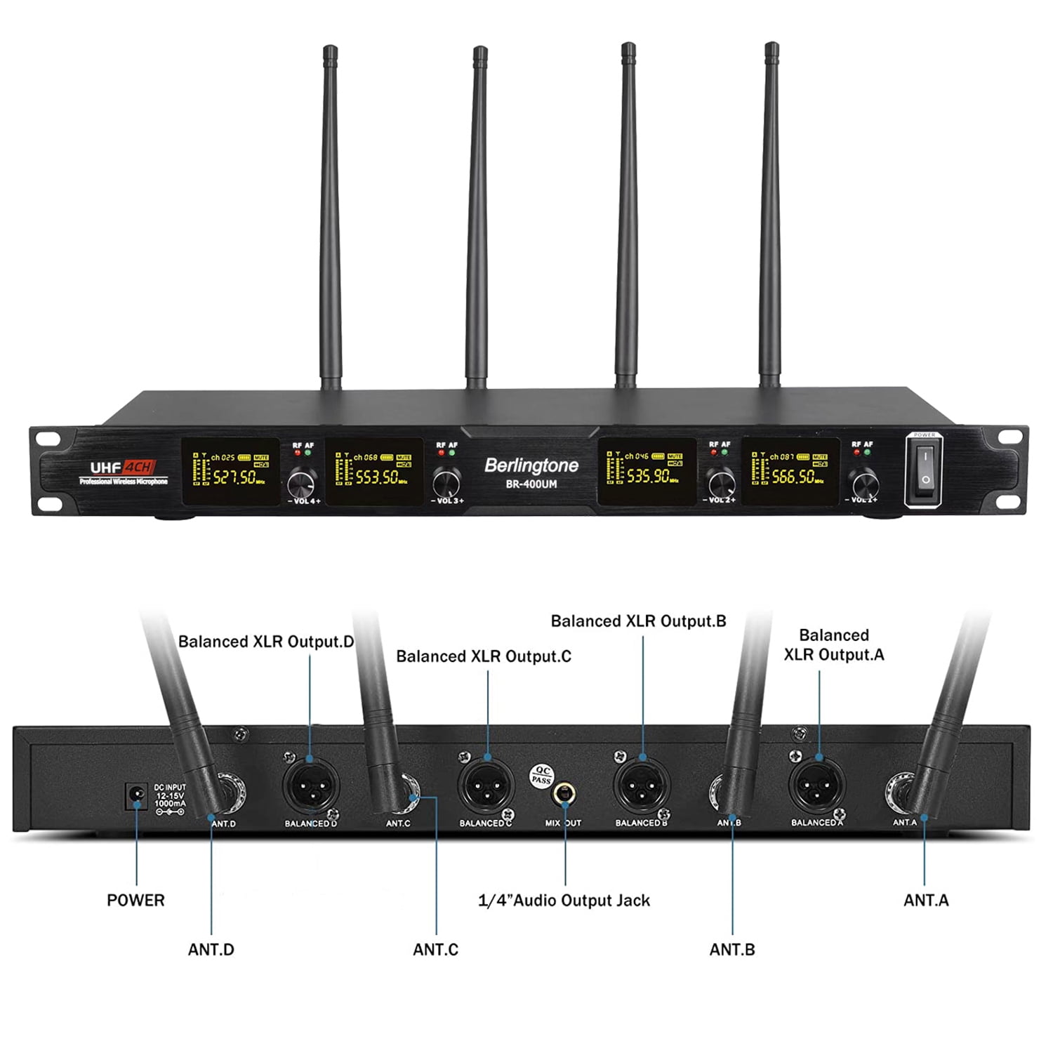 Berlingtone BR-400UM Professional 4-Channel UHF Wireless Handheld Dynamic Microphone Systems, Fixed Frequency Channel Metal Mic and receiver, Singing, Wedding, Church, DJ, karaoke, up to 260ft Range