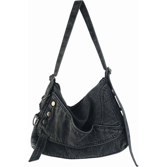 Sunyuer Women Vintage Washed Denim Hobo Bag, Large Capacity Commuter Shoulder Tote Handbag, Casual Retro Denim Crossbody Bag with Adjustable Strap for Work Travel Daily Use