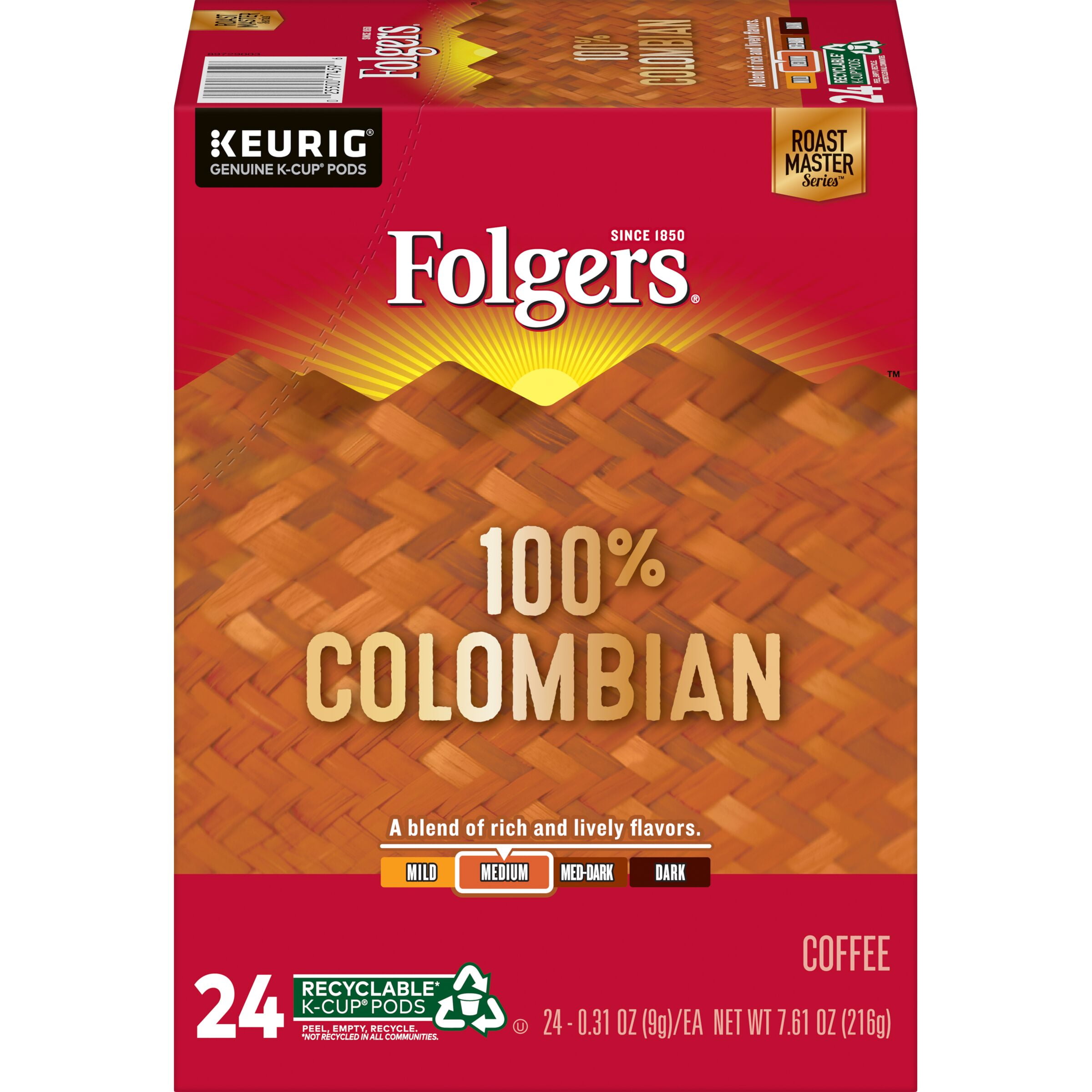 Folgers 100% Colombian Coffee, Medium Roast, K-Cup Pods for Keurig K-Cup Brewers, 24 count
