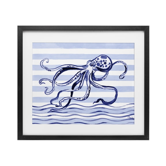 Stupell Industries Indigo Brushstroke Octopus Black Framed Print Under Glass, design by Paul Brent, 13 x 16