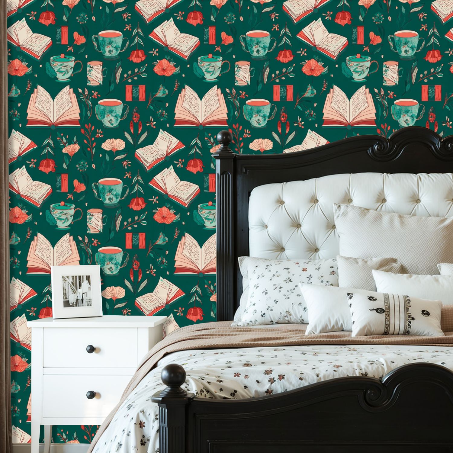 Peel and Stick Wallpaper 23.6in x 9.8ft Cozy Teal Green Books Teacups Floral Contact Paper Vinyl Self-Adhesive Removable Wall Paper for Bedroom DIY Home Decor Renter Friendly