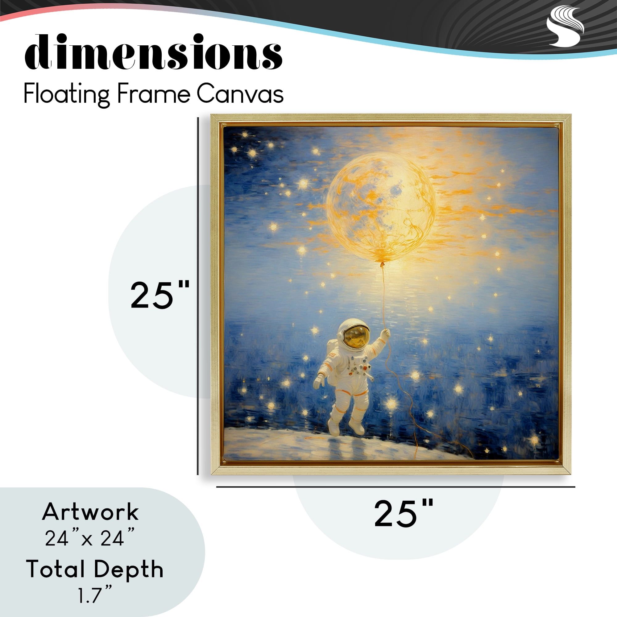 Astronaut with Dreamy Cosmic Balloon Gold Framed Floater Canvas Wall Art, design by Angie Hawke