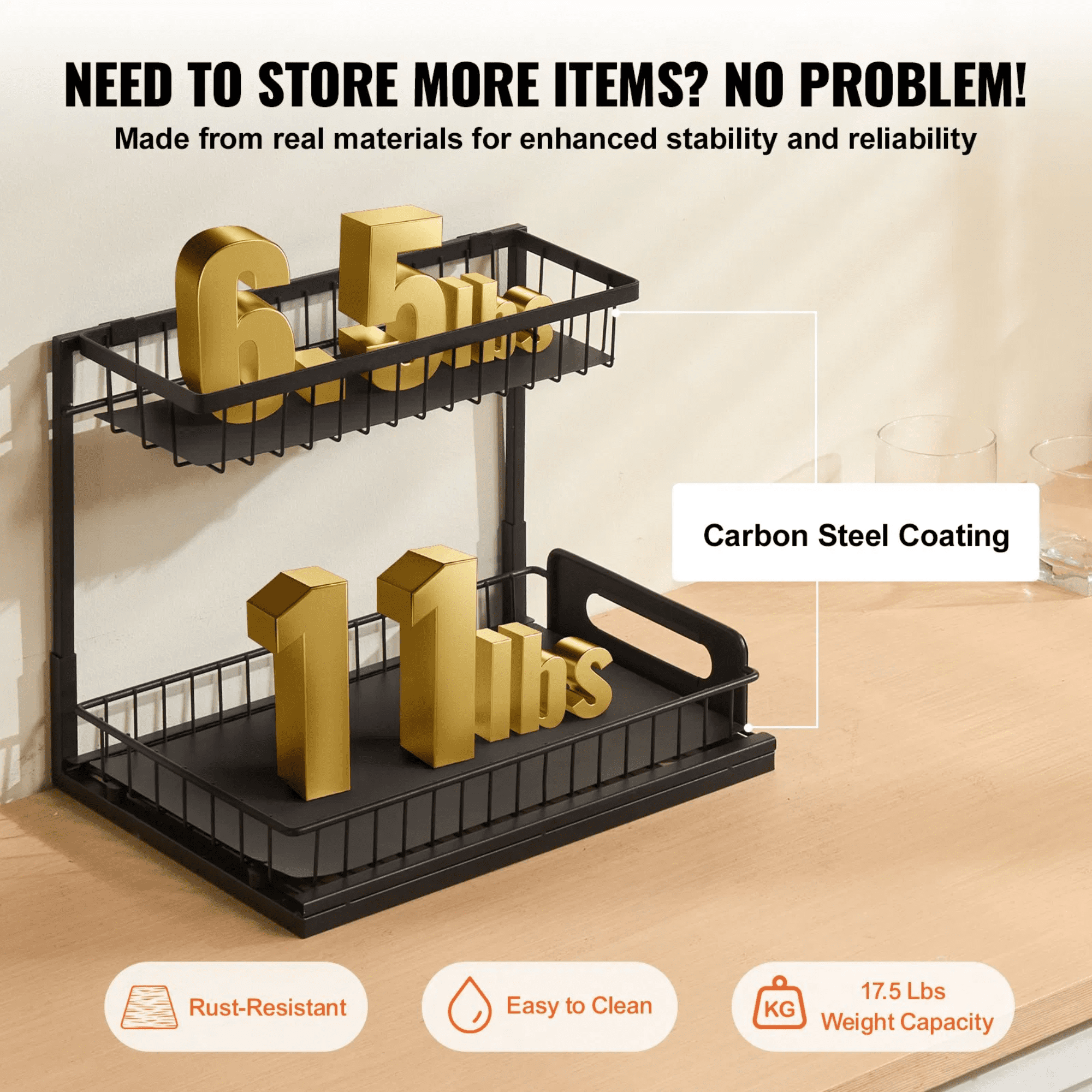 2 Tier Pull Out Cabinet Organizer, 10.7” W x 14.2” D Under Sink Slide Out Drawer, Wire Basket Sliding Shelf for Kitchen & Bathroom Cabinet Storage