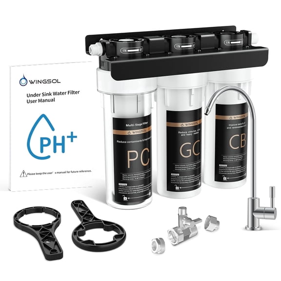 WINGSOL US-003F Under Sink Water Filter System, 3-Stage Deep Filtration Reduce PFAS & Heavy Metals Water Filtration System, NSF/ANSI 42 & 53 Improve Taste & Odor, Under Counter with Dedicated Faucet