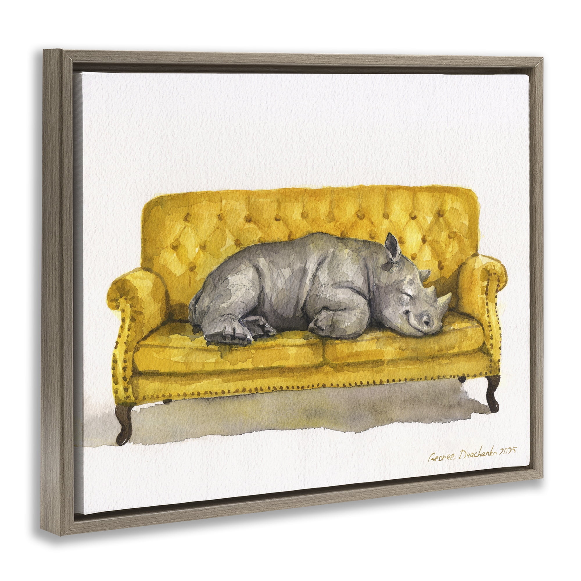 Stupell Industries Cute Rhino Resting Brown Framed Floater Canvas Wall Art, design by George Dyachenko