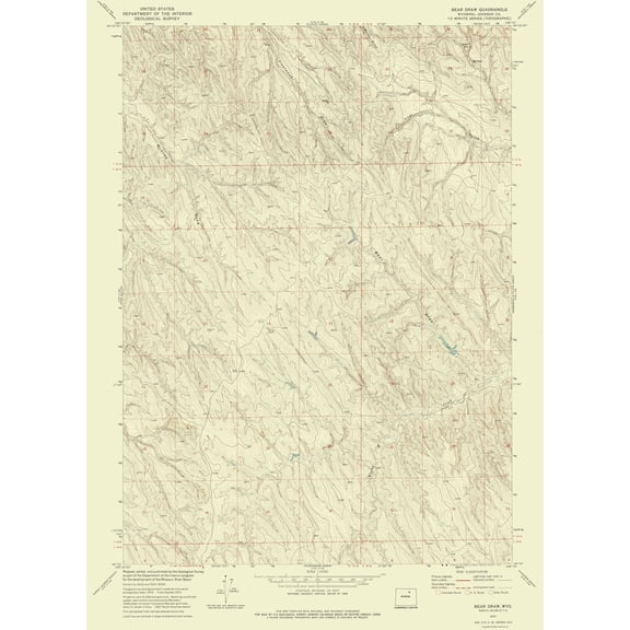 Topographical Map - Bear Draw Wyoming Quad - USGS 1972 - 23 x 31.74 - Vintage Wall Art