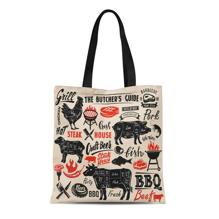KDAGR Canvas Bag Resuable Tote Grocery Shopping Bags Beef Meat Steak House Scheme Lettering Cut Pig Tote