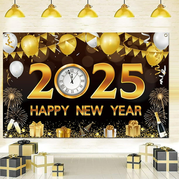 Fondo de Año Nuevo en oro negro, decoraciones de pancartas de Año Nuevo, suministros para fiestas de Nochevieja 2025 para niños, adolescentes y adultos