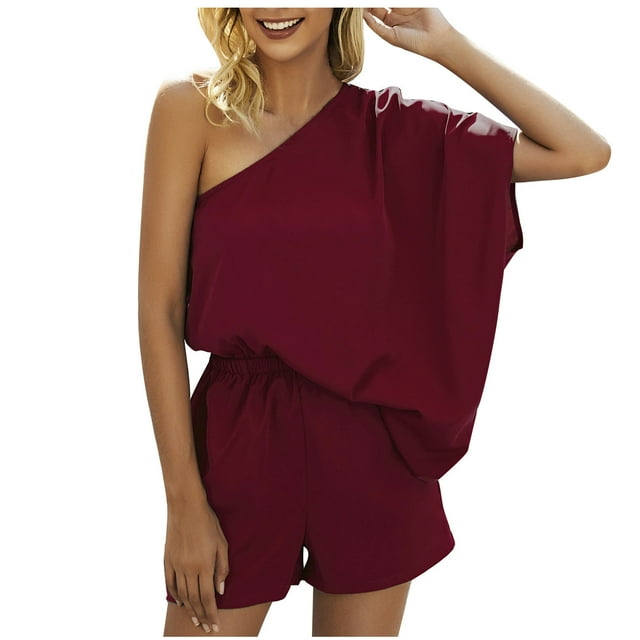 Birdeem Womens Spring and Summer Solid Color One Shoulder Sloose Fitting Casual One-Piece Shorts